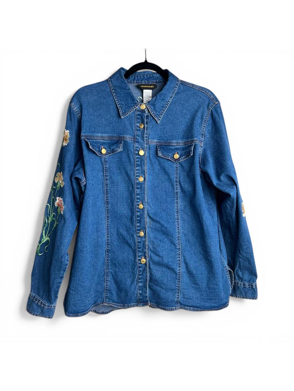 Vintage Bob Mackie Wearable Art Denim Shirt with Floral Embroidery